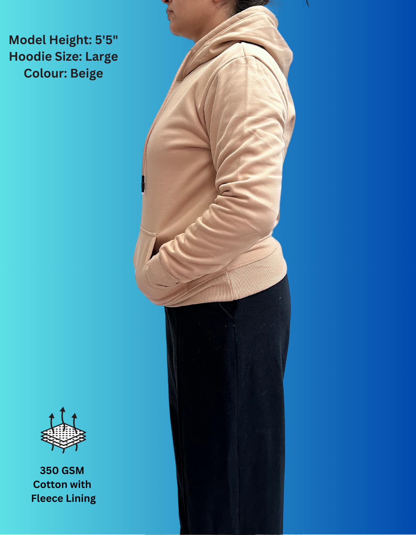 Beige Cotton Hoodies with Fleece Lining for Women