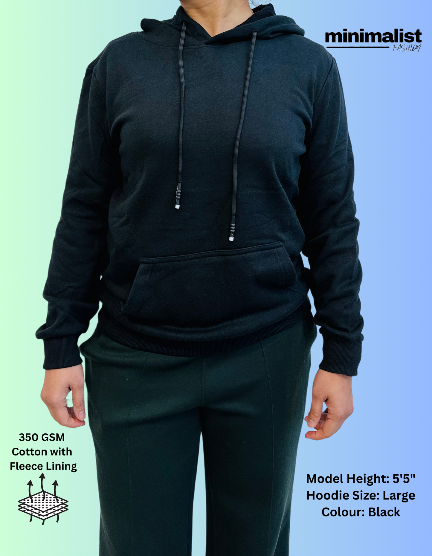 Black Cotton Hoodies with Fleece Lining for Women
