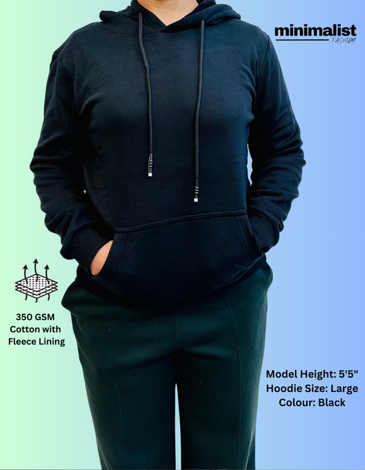 Black Cotton Hoodies with Fleece Lining for Women