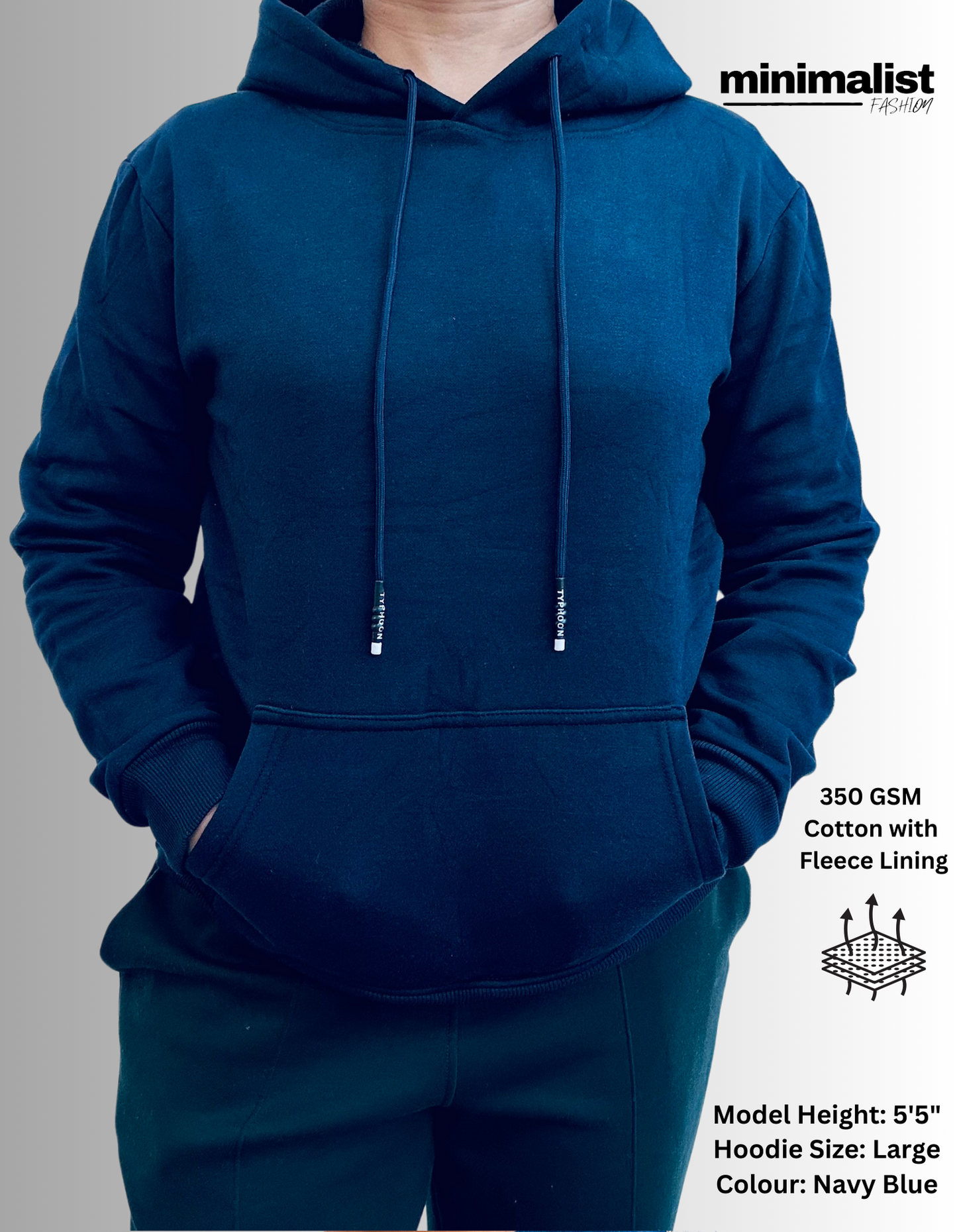 Navy Blue Cotton Hoodies with Fleece Lining for Women