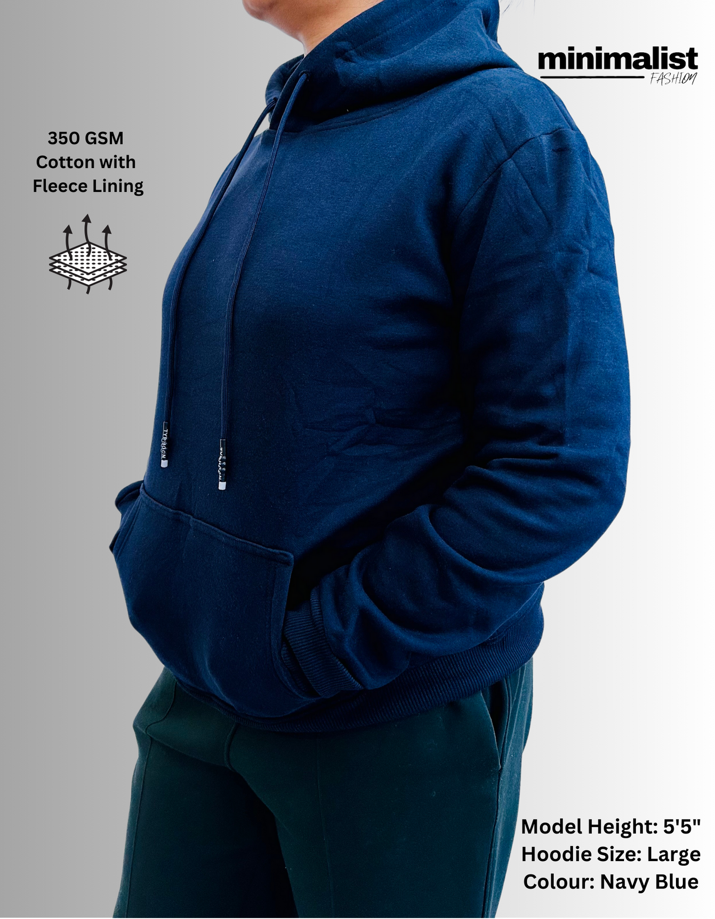 Navy Blue Cotton Hoodies with Fleece Lining for Women