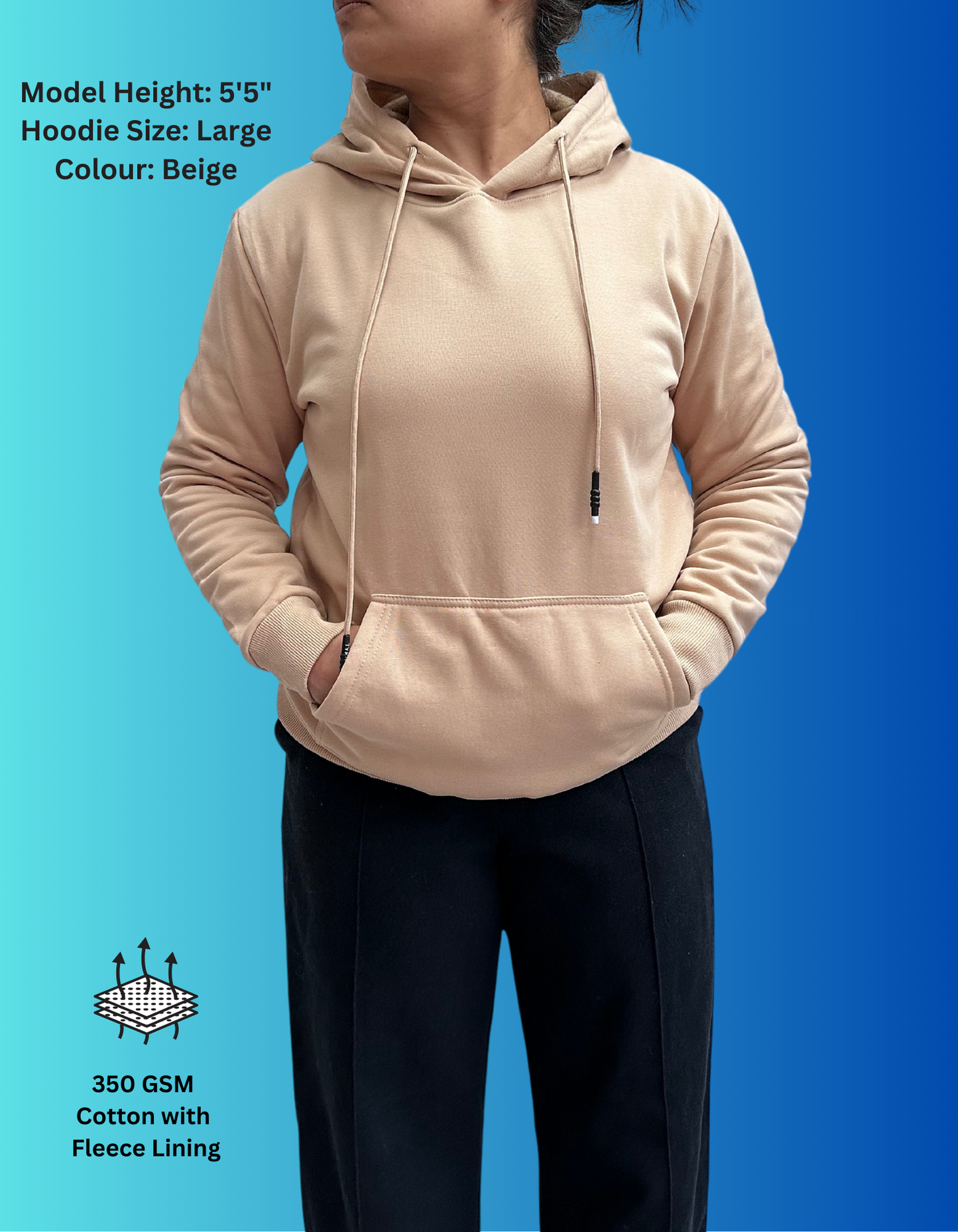 Beige Cotton Hoodies with Fleece Lining for Women