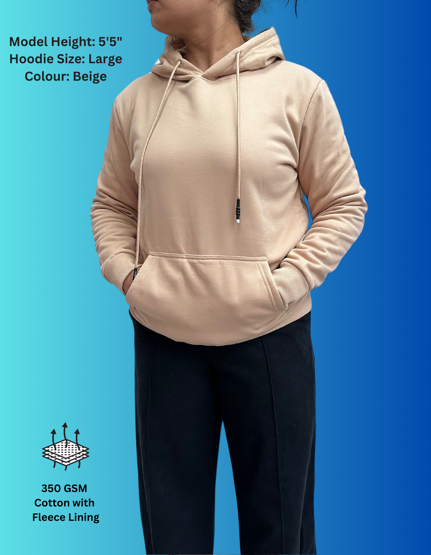 Beige Cotton Hoodies with Fleece Lining for Women